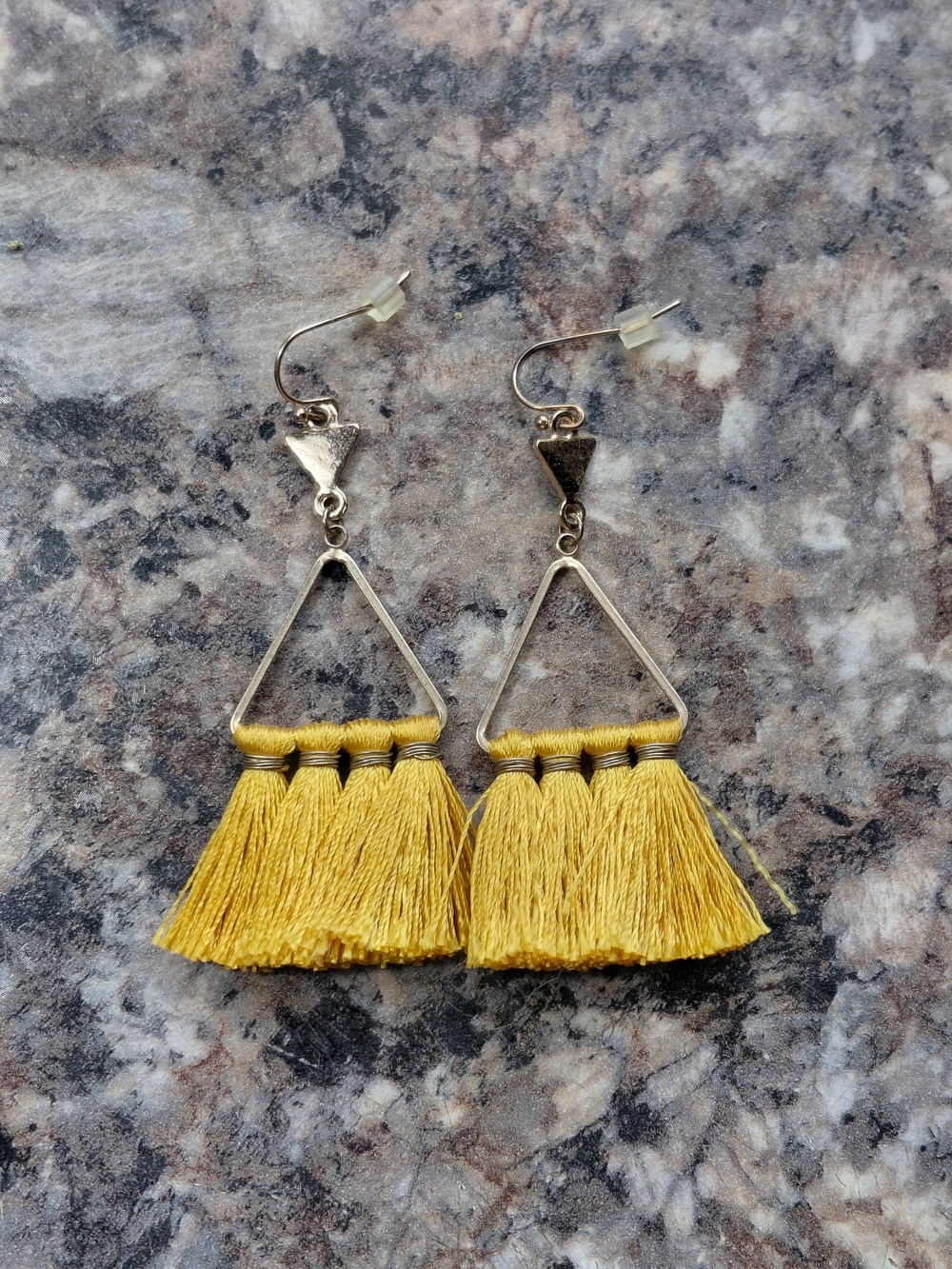 Vintage Geometric Triangle Golden Yellow Fringe Tassel Dangle Earrings
